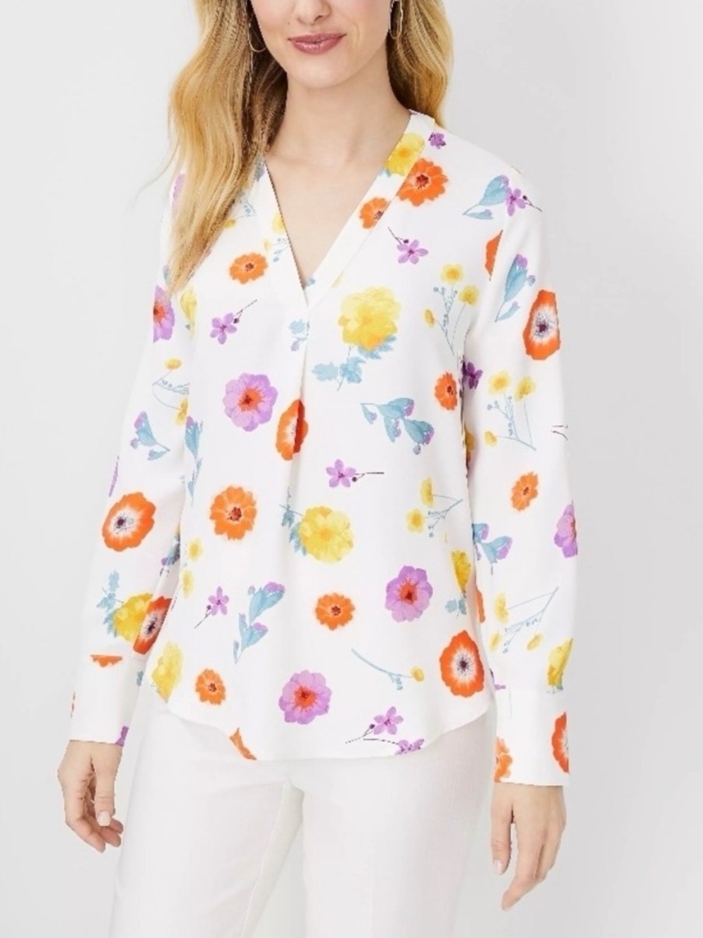 Ann Taylor White V-Neck Floral Blouse